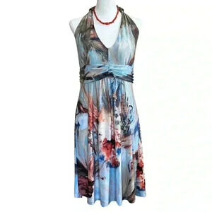 Y2K Style Talia Halter Sun Dress. Multicolor floral print. Beaded accents. Sz M